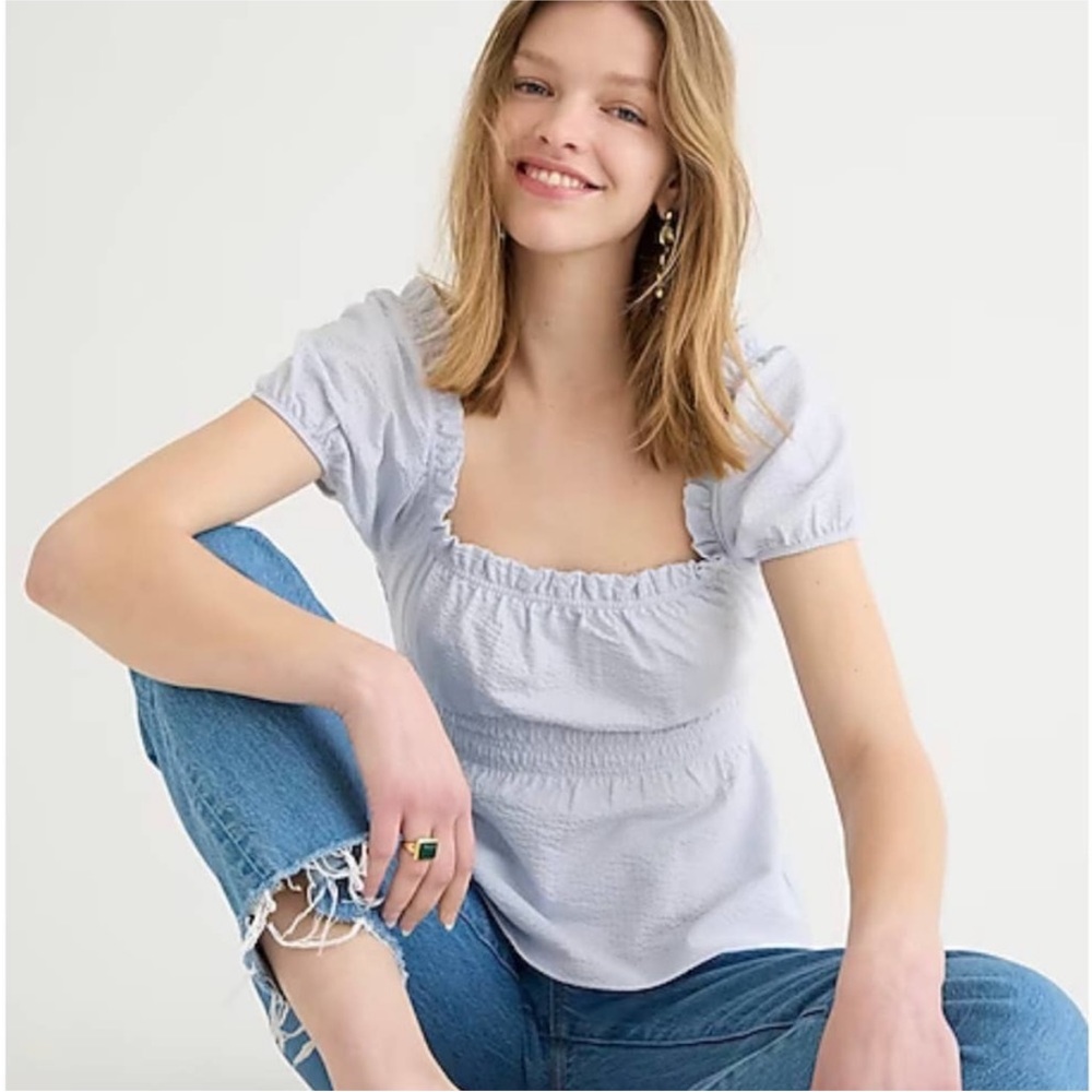 J. Crew Top Seersucker Smocked Serene Blue Peasant Puff Sleeve Stretch Peplum